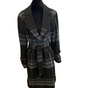 WHBM Plaid Full-Length Dress Coat | Tie Waist | Black & Gray | Size M